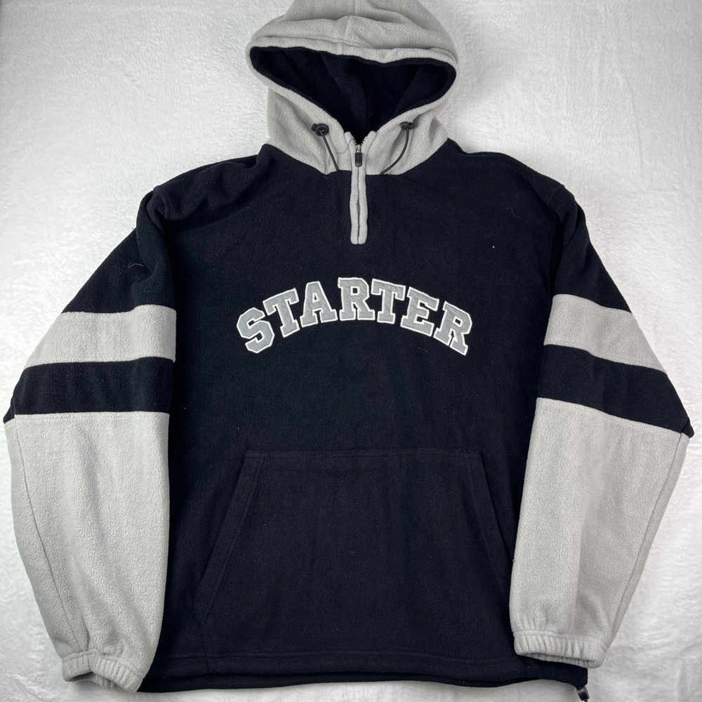 Vintage Y2K Starter Fleece Baggy Oversized Hoodie Men Medium Black Gray Spellout